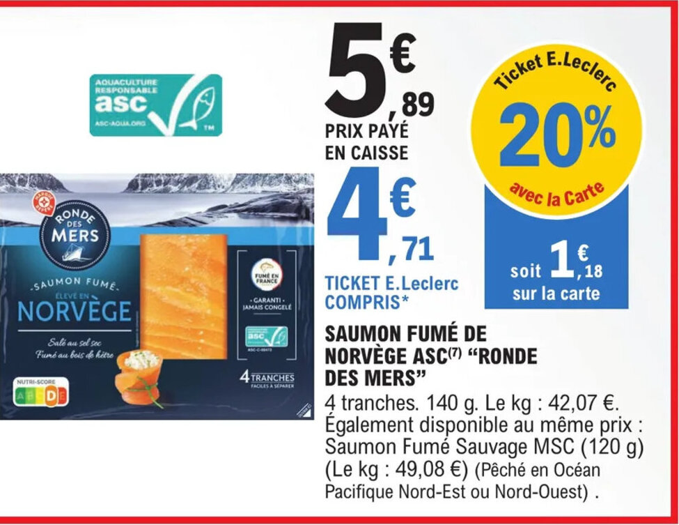 Promo Saumon Fum De Norv Ge Asc Ronde Des Mers Chez E Leclerc