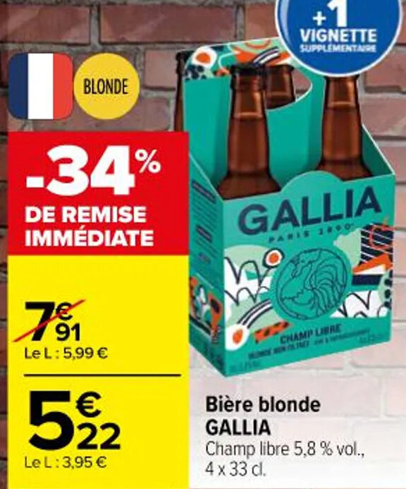 Promo Bière blonde GALLIA Champ libre 5 8 vol 4 x 33 cl chez