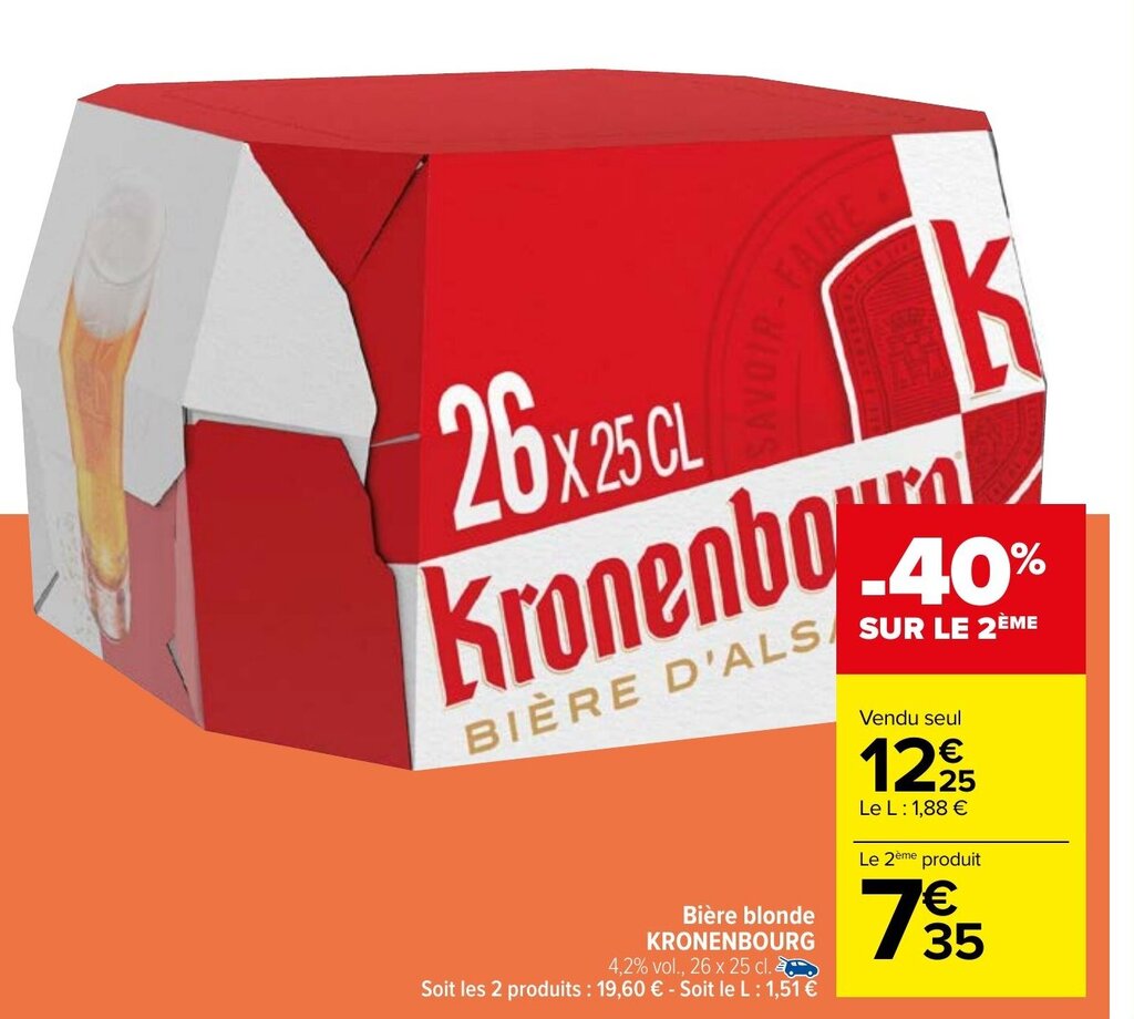 Promo Bière blonde KRONENBOURG 4 2 vol 26 x 25 cl chez Carrefour