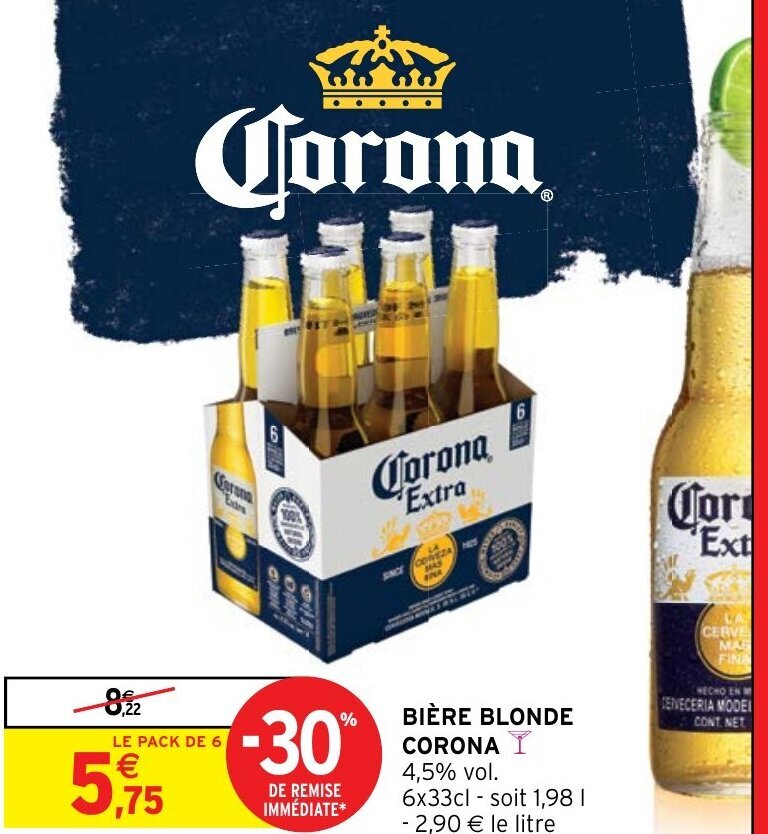 Promo BIÈRE BLONDE CORONA Y 4 5 vol 6x33cl soit 1 98 I chez