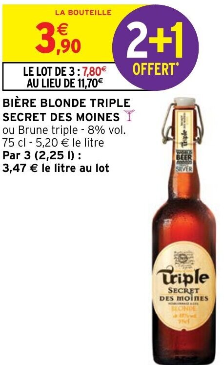 Promo BIÈRE BLONDE TRIPLE SECRET DES MOINES ou Brune triple 8 vol