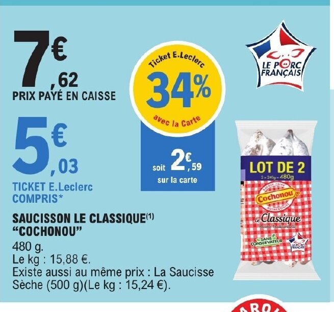 Promo Saucisson Le Classique Cochonou Chez E Leclerc