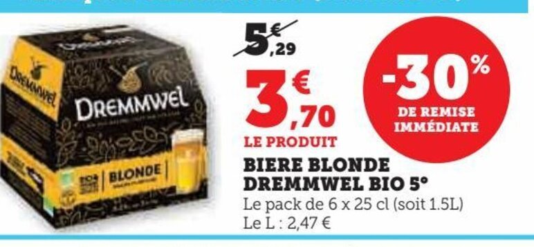 Promo LE PRODUIT BIERE BLONDE DREMMWEL BIO 5⁰ chez Super U