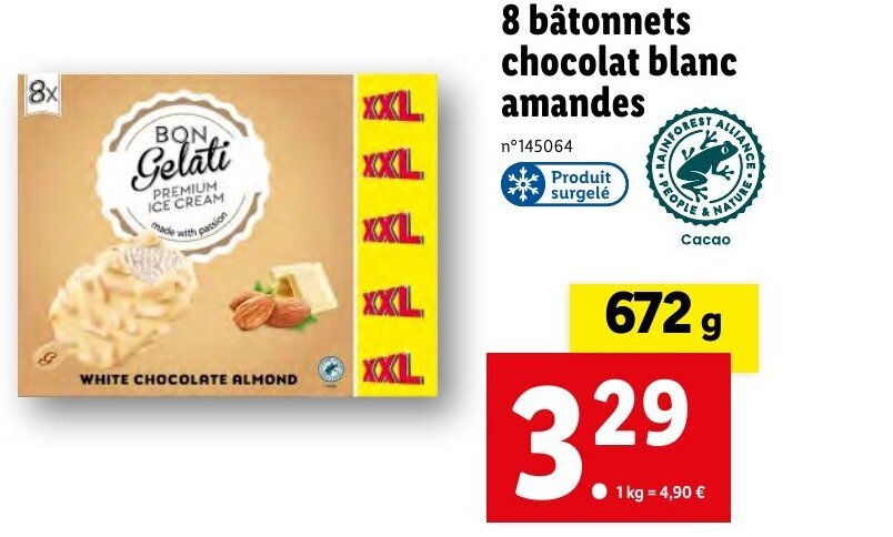 Promo 8 bâtonnets chocolat blanc amandes chez Lidl