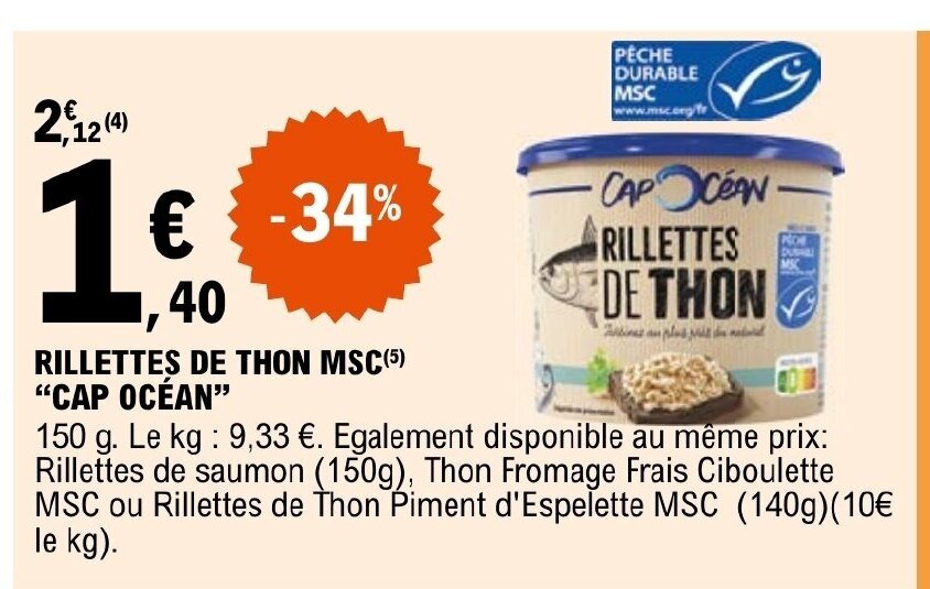 Promo RILLETTES DE THON MSC 5 CAP OCÉAN chez E Leclerc