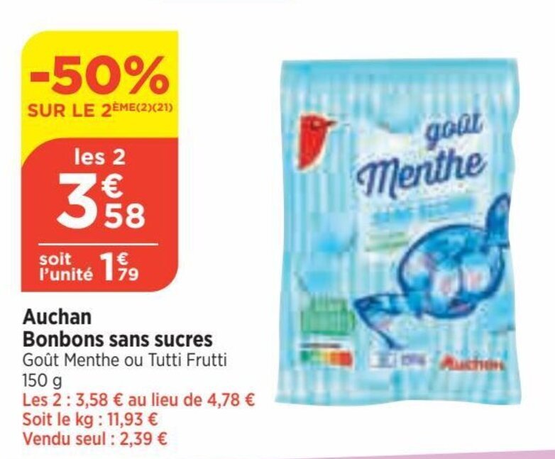 Promo Auchan Bonbons sans sucres Goût Menthe ou Tutti Frutti chez Bi1