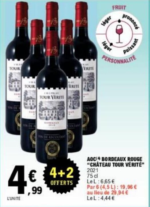 Promo AOC BORDEAUX ROUGE CHATEAU TOUR VÉRITÉ chez E Leclerc