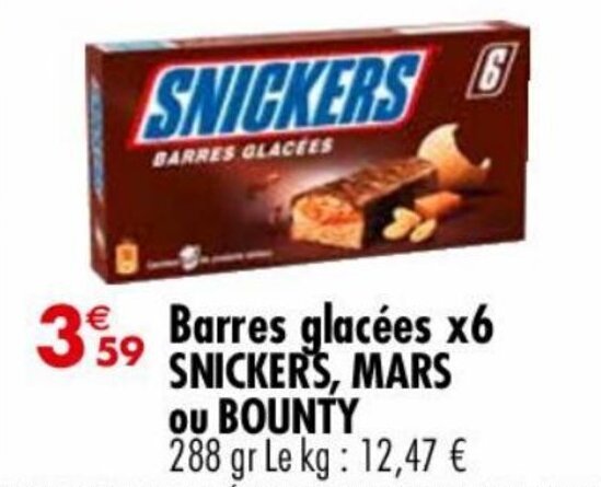 Promo Barres glacées x6 SNICKER S MARS ou BOUNTY chez Carrefour Market