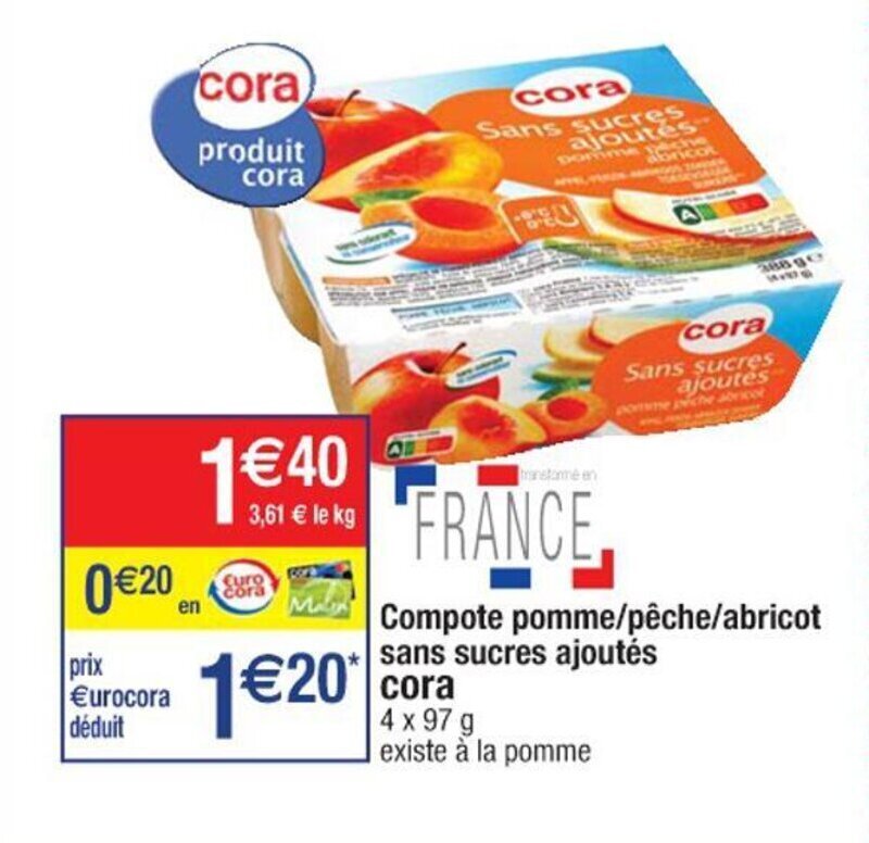 Promo Compote pomme pêche abricot sans sucres ajoutés cora chez Cora