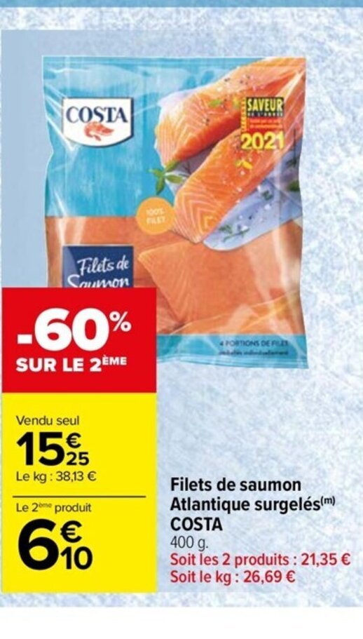 Promo Filets de saumon Atlantique surgelés m COSTA chez Carrefour Drive