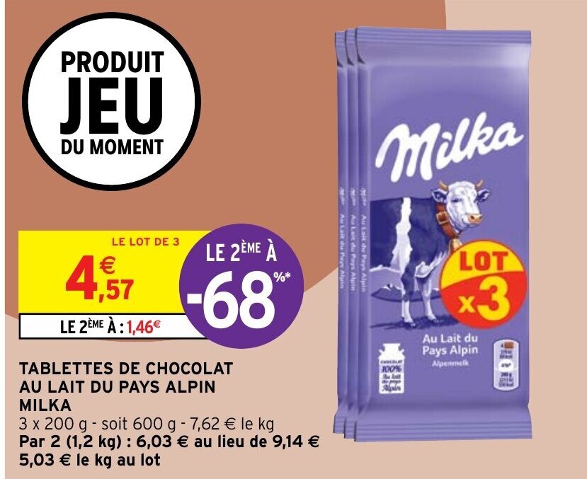 Promo Tablettes de chocolat au lait du Pays Alpin Milka chez Intermarché