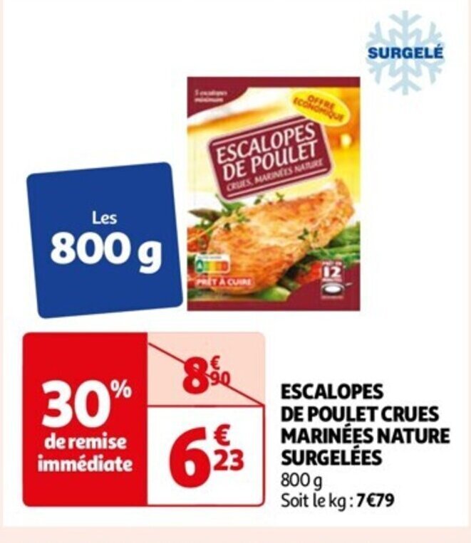 Promo ESCALOPES DE POULET CRUES MARINÉES NATURE SURGELÉES chez Auchan