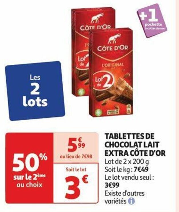 Promo TABLETTES DE CHOCOLAT LAIT EXTRA CÔTE D OR chez Auchan