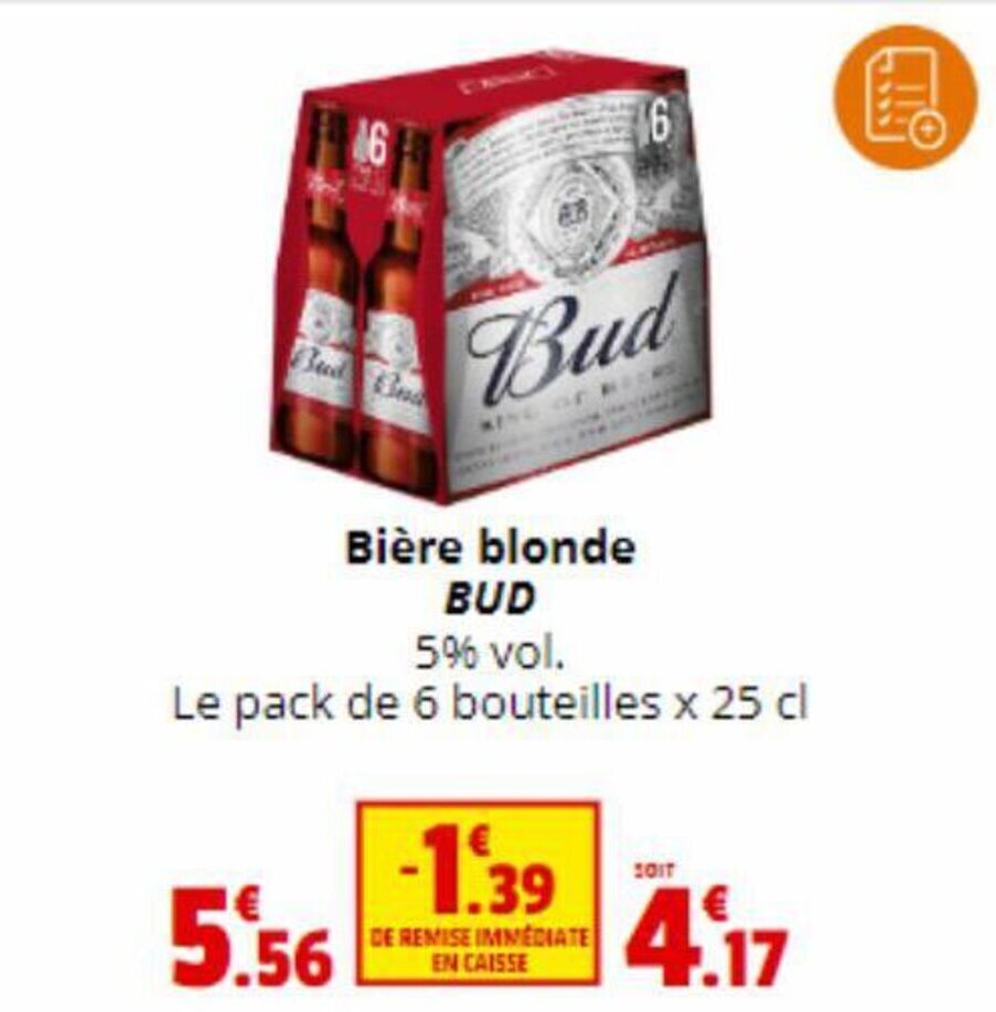 Promo Bière blonde BUD chez Coccinelle Express