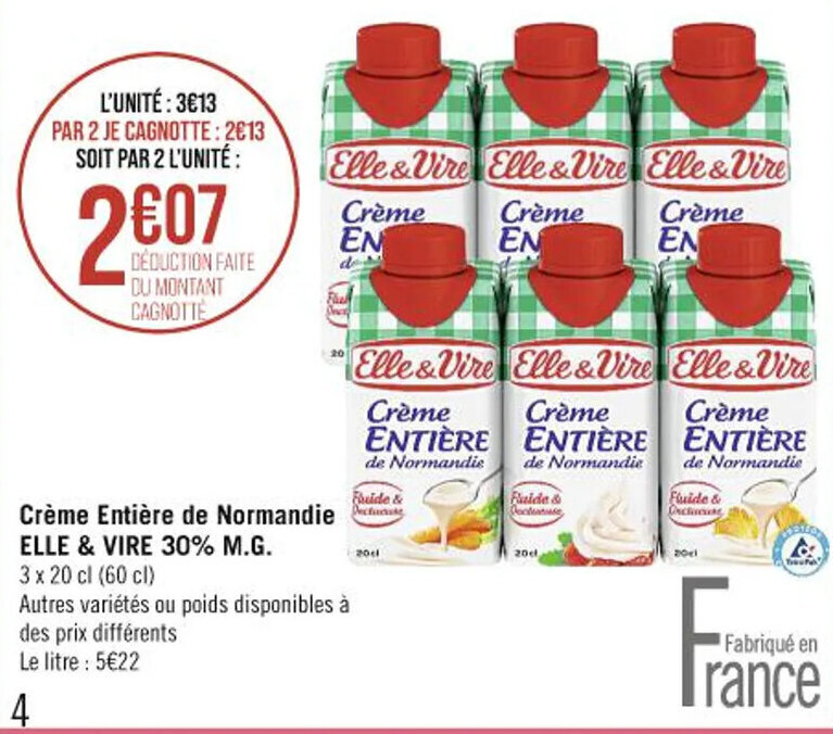 Promo Crème Entière de Normandie ELLE VIRE 30 M G chez Hyper