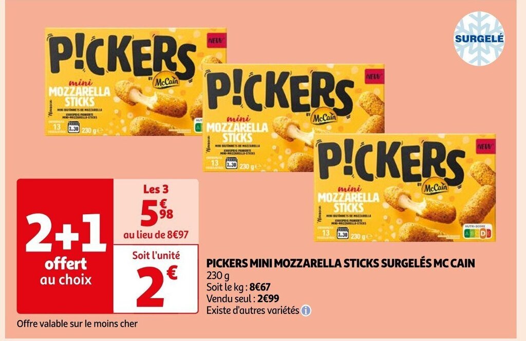 Promo PICKERS MINI MOZZARELLA STICKS SURGELÉS MC CAIN 230 g chez Auchan