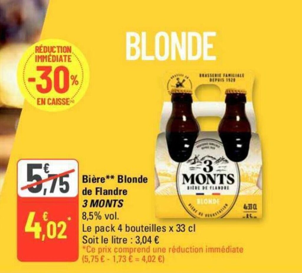 Promo Bière Blonde de Flandre 3 MONTS chez G20