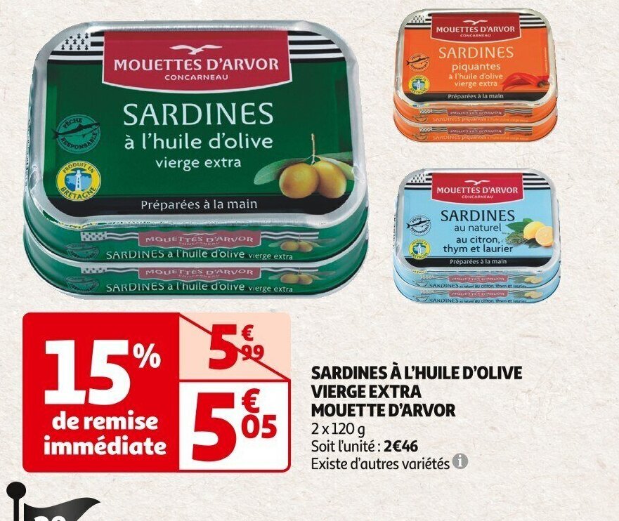 Promo SARDINES À L HUILE D OLIVE VIERGE EXTRA MOUETTE D ARVOR chez Auchan