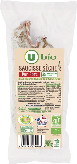 Promo Saucisse Seche Pur Porc U Bio Chez Hyper U