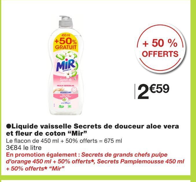 Promo Mir Liquide Vaisselle Secrets De Douceur Aloe Vera Et Fleur De