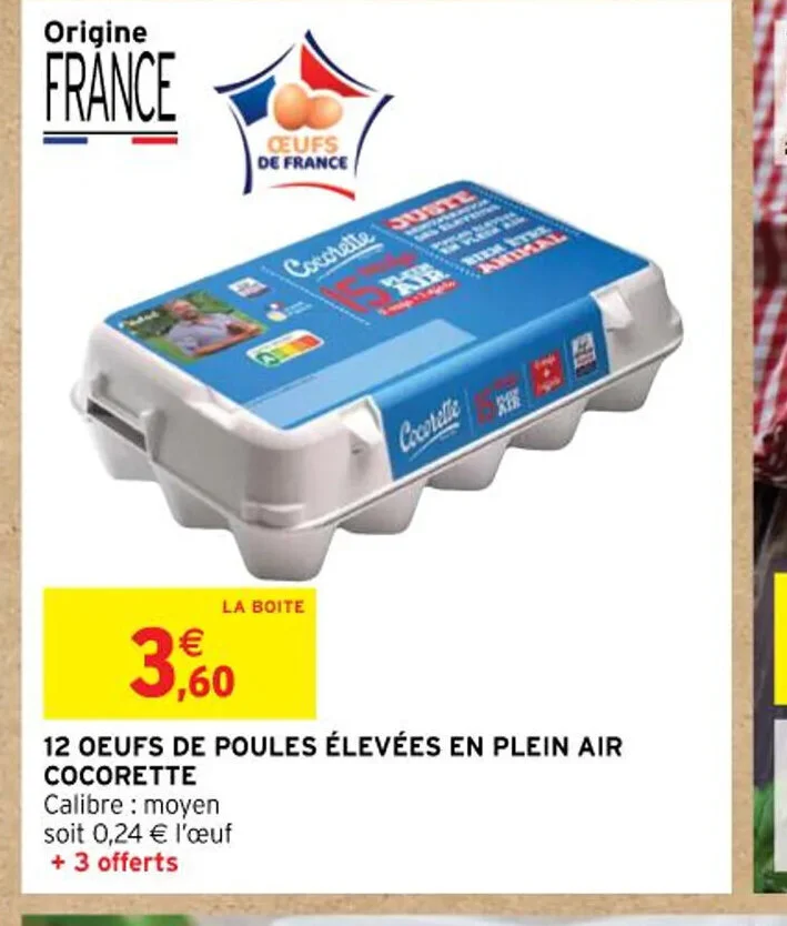 Promo 12 OEUFS DE POULES ÉLEVÉES EN PLEIN AIR chez Intermarché