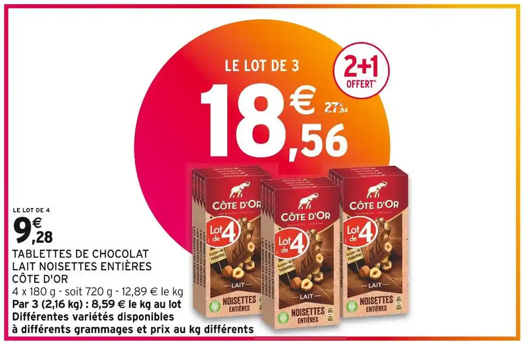 Promo Côte d or tablettes de chocolat lait noisettes entières chez