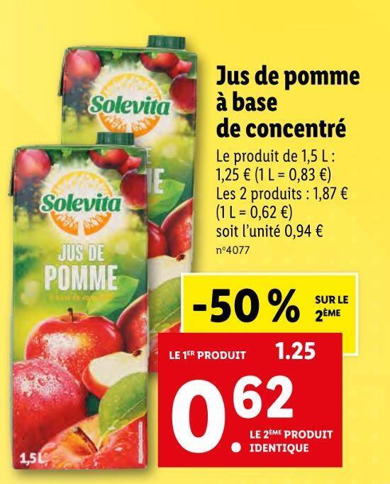 Promo Solevita Jus De Pomme Base De Concentr Chez Lidl