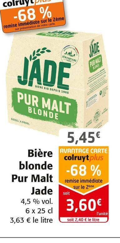 Promo Jade bière blonde pur malt chez Colruyt