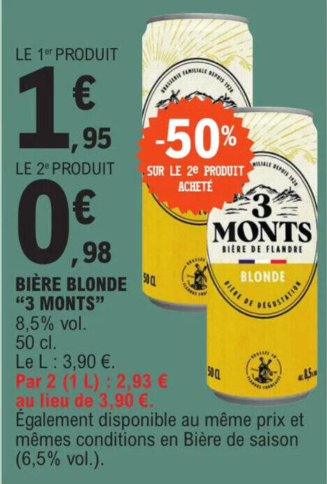 Promo BIÈRE BLONDE 3 MONTS 8 5 vol 50 cl chez E Leclerc