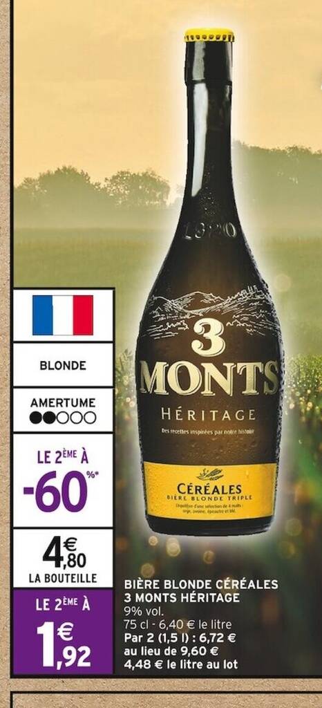 Promo BIÈRE BLONDE CÉRÉALES 3 MONTS HÉRITAGE chez Intermarché