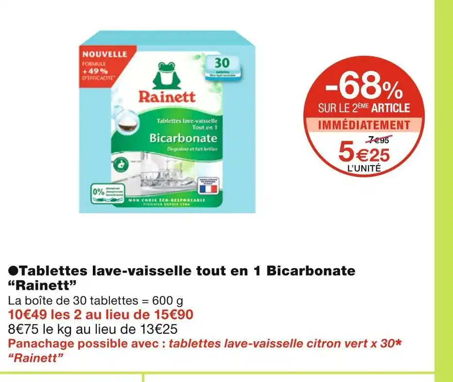 Promo Rainett Tablettes Lave Vaisselle Tout En 1 Bicarbonate Chez Monoprix