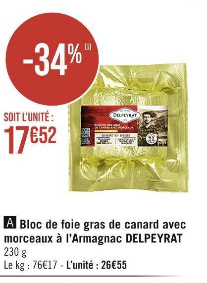 Promo Delpeyrat bloc de foie gras de canard avec morceaux à larmagnac