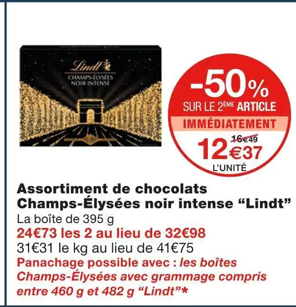 Promo Lindt assortiment de chocolats champs élysées noir intense chez