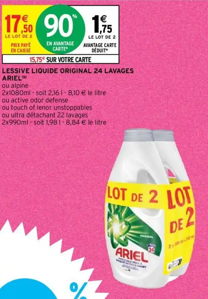 Promo LESSIVE LIQUIDE ORIGINAL 24 LAVAGES ARIEL b chez Intermarché Hyper