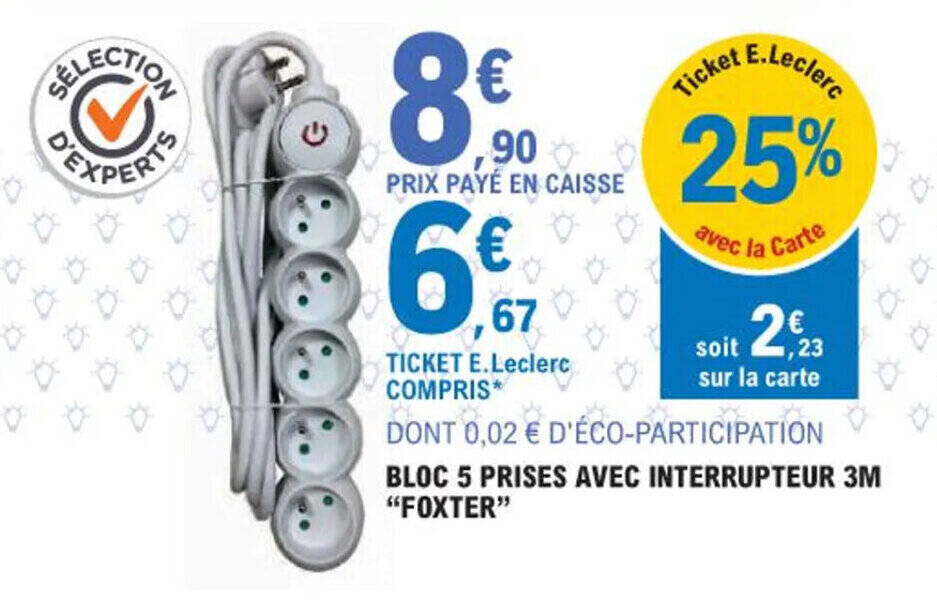 Promo BLOC 5 PRISES AVEC INTERRUPTEUR 3M FOXTER Chez E Leclerc Brico