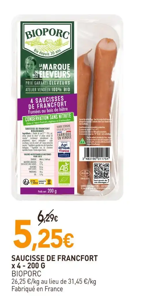 Promo Bioporc saucisse de francfort chez naturéO