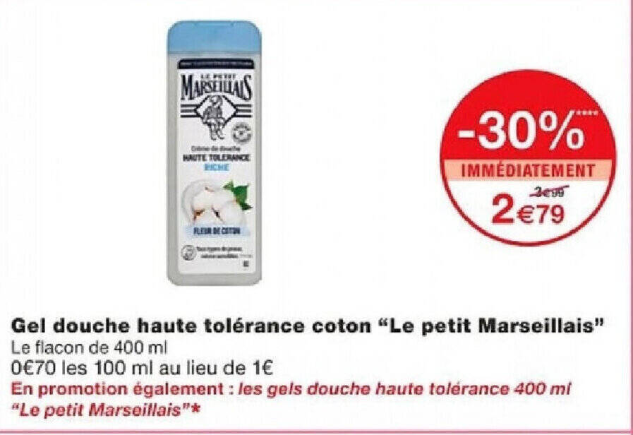 Promo Gel douche haute tolérance coton Le petit Marseillais chez Monoprix