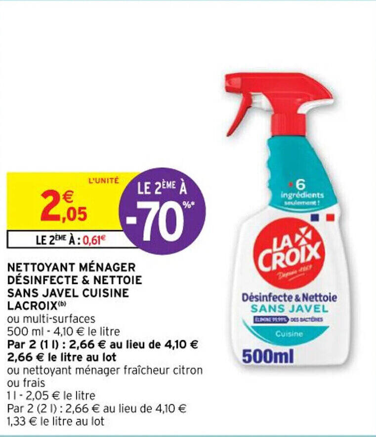 Promo NETTOYANT MÉNAGER DÉSINFECTE NETTOIE SANS JAVEL CUISINE LACROIX