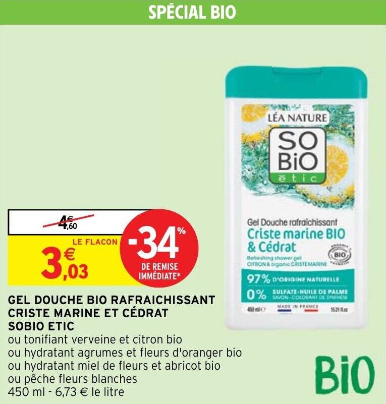 Promo GEL DOUCHE BIO RAFRAICHISSANT CRISTE MARINE ET CÉDRAT SOBIO ETIC