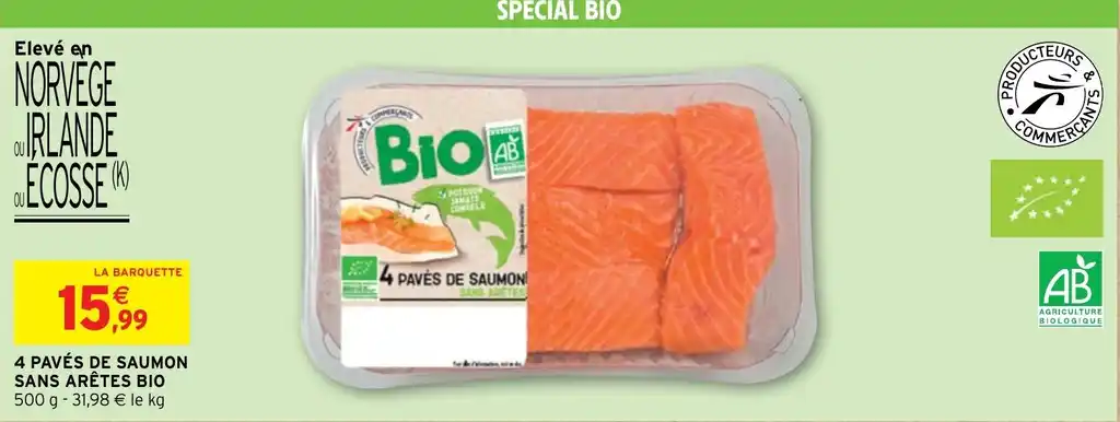 Promo 4 PAVÉS DE SAUMON SANS ARÊTES BIO chez Intermarché Hyper