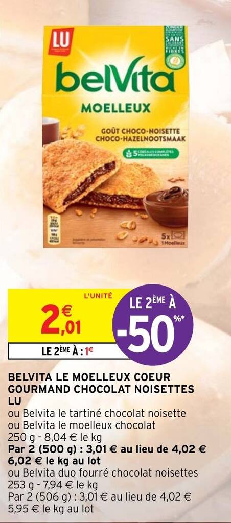 Promo Belvita Le Moelleux Coeur Gourmand Chocolat Noisettes Lu Chez