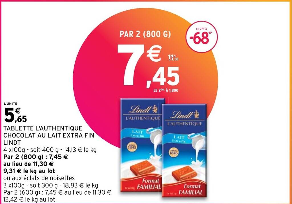 Promo Tablette L Authentique Chocolat Au Lait Extra Fin Lindt Chez