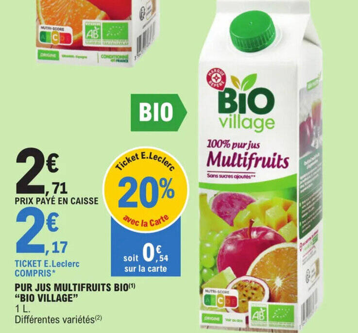 Promo PUR JUS MULTIFRUITS BIO ¹ BIO VILLAGE chez E Leclerc