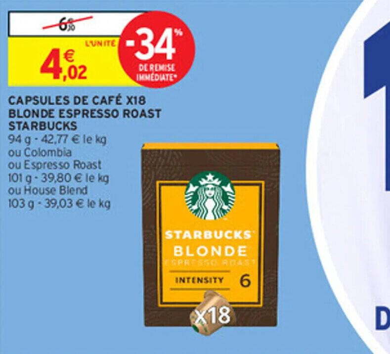 Promo Capsules De Caf X Blonde Espresso Roast Starbucks Chez Intermarch