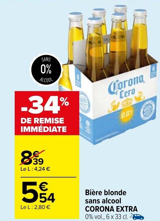 Promo Bière blonde sans alcool CORONA EXTRA 0 vol 6 x 33 cl chez