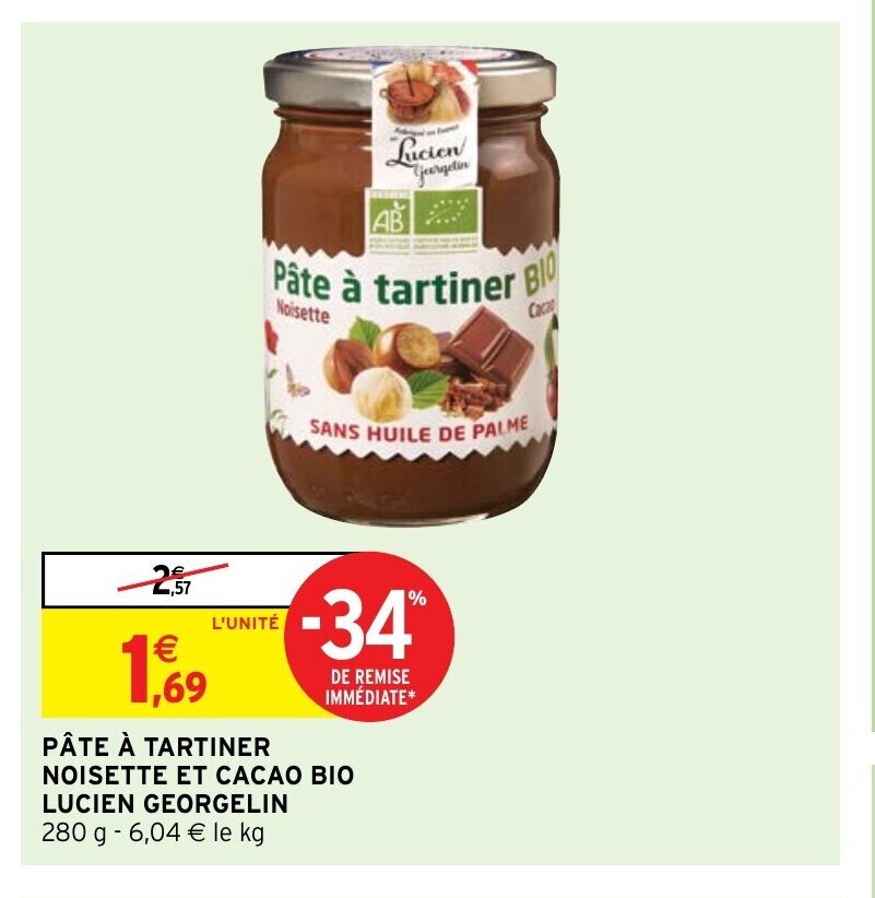 Promo Pate A Tartiner Noisette Et Cacao Bio Lucien Georgelin Chez