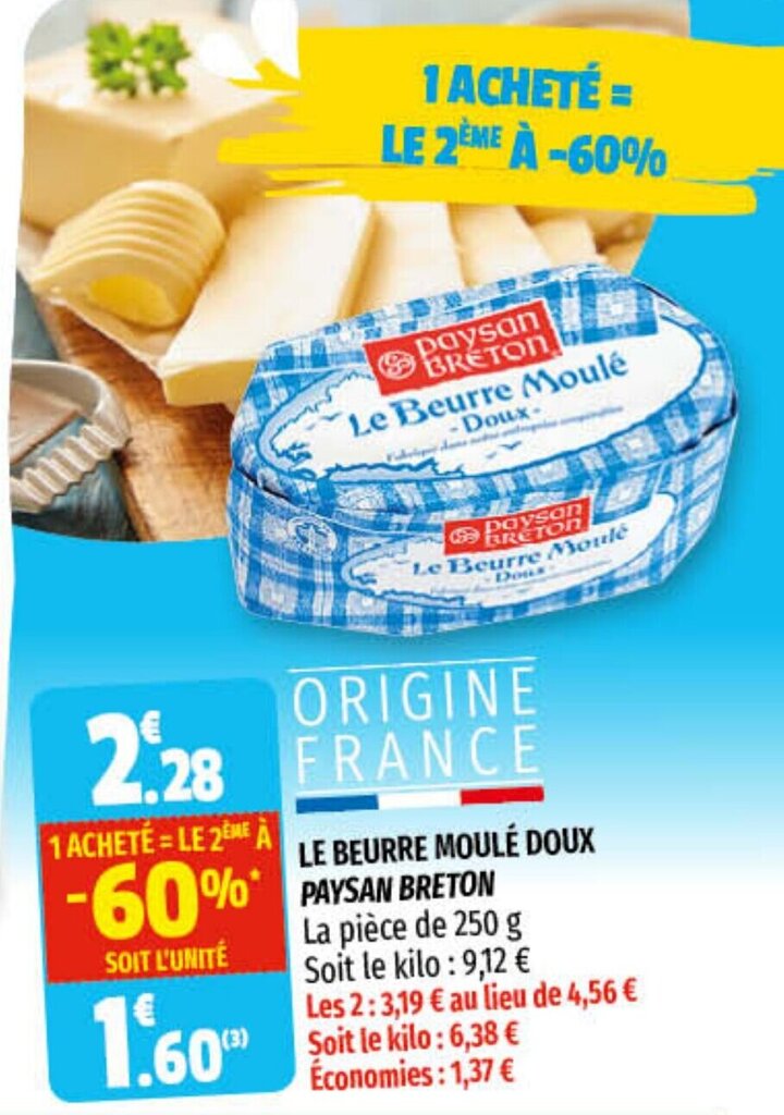 Promo La beurre moulé doux PAYSAN BRETON chez Coccimarket