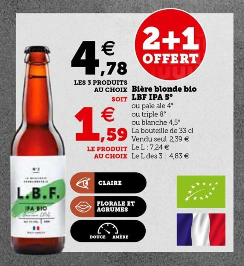 Promo Biére Blonde Bio LBF IPA 58 chez Super U