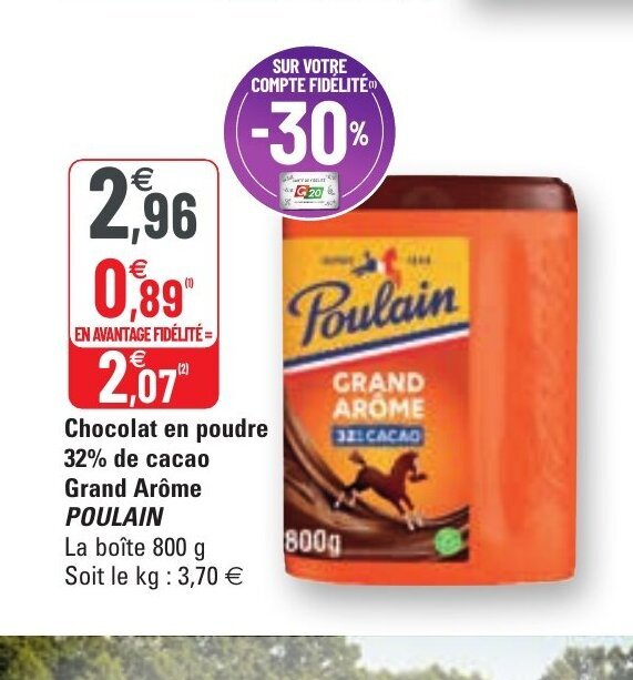 Promo Chocolat En Poudre 32 de Cacao Grand Arôme Poulain chez G20