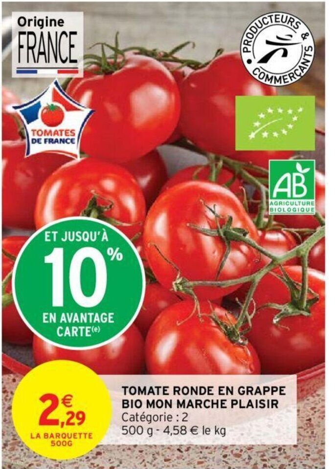 Promo Tomate Ronde En Grappe Bio Mon Marche Plaisir chez Intermarché